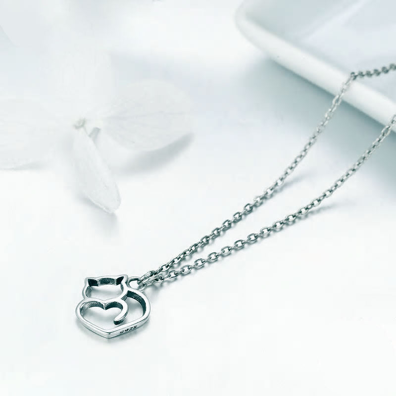 Sterling Silver Cat Tail Love Stud Earrings + Necklace