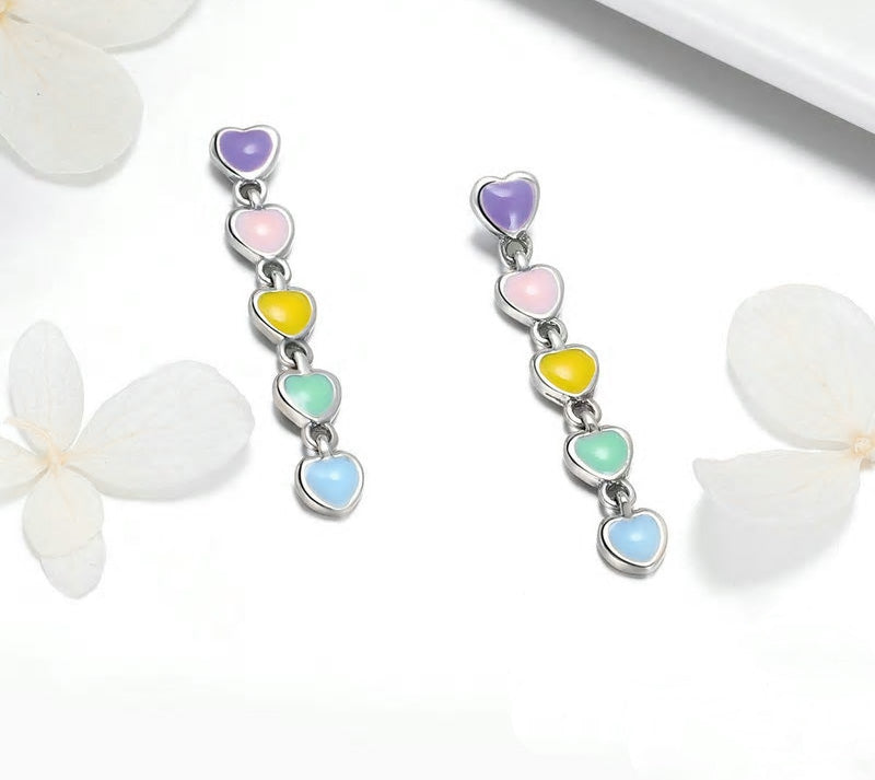 Sterling Silver Stackable Rainbow Heart Drop Earrings + Ring + Bracelet