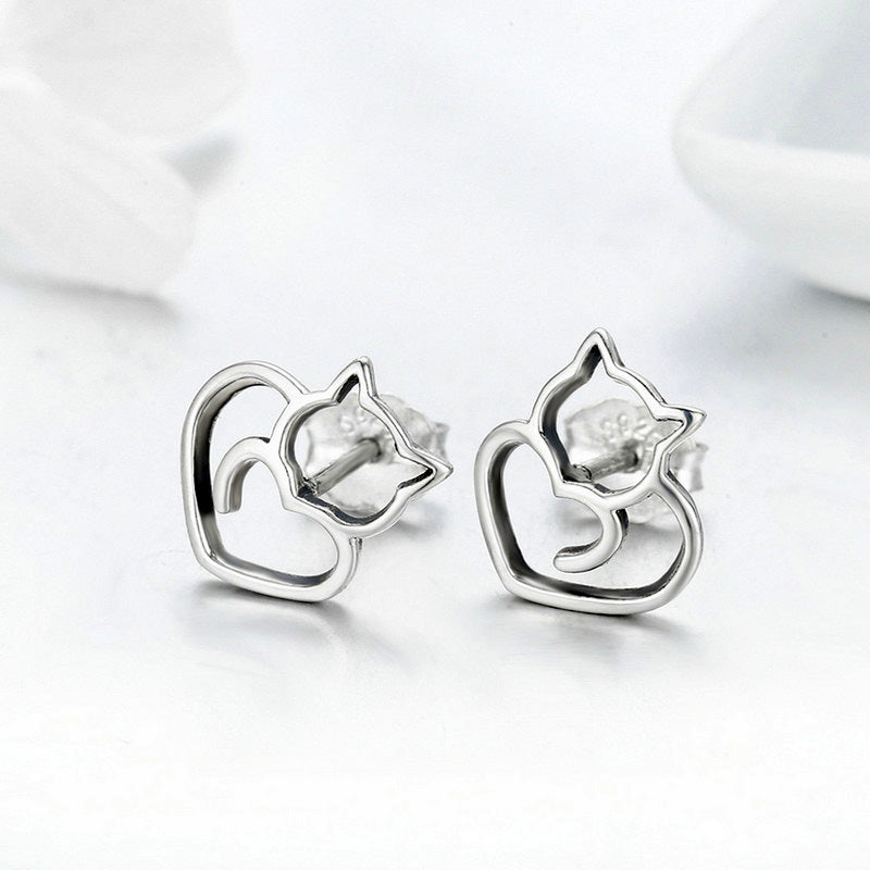 Sterling Silver Cat Tail Love Stud Earrings + Necklace
