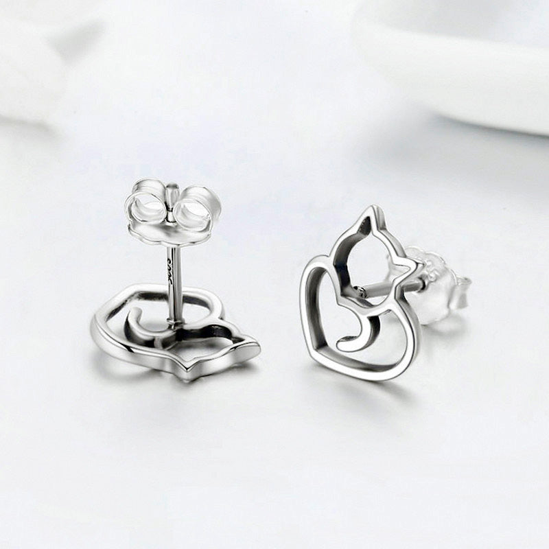 Sterling Silver Cat Tail Love Stud Earrings + Necklace