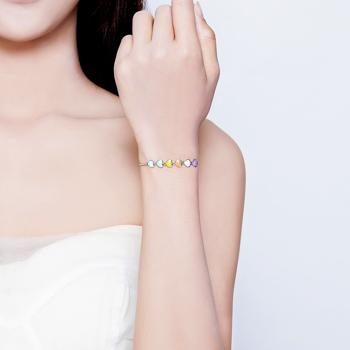 Sterling Silver Stackable Rainbow Heart Drop Earrings + Ring + Bracelet