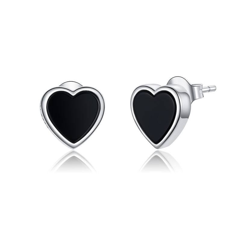 Sterling Silver Black Agate Heart Stud Hypoallergenic Earrings + Necklace