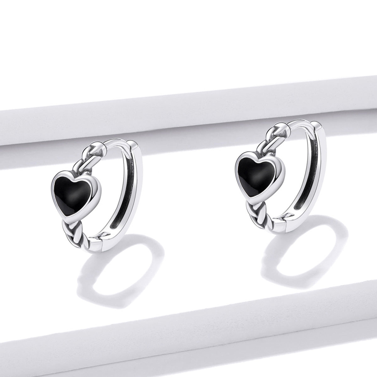 Sterling Silver Black Heart Huggie Hypoallergenic Earrings + Necklace