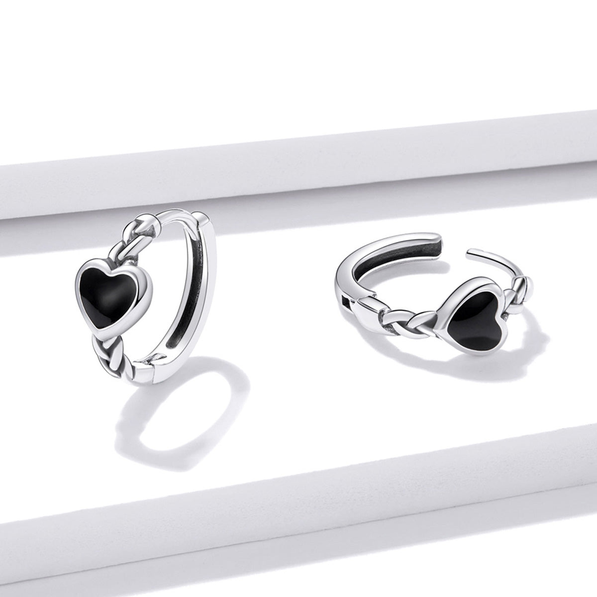 Sterling Silver Black Heart Huggie Hypoallergenic Earrings + Necklace