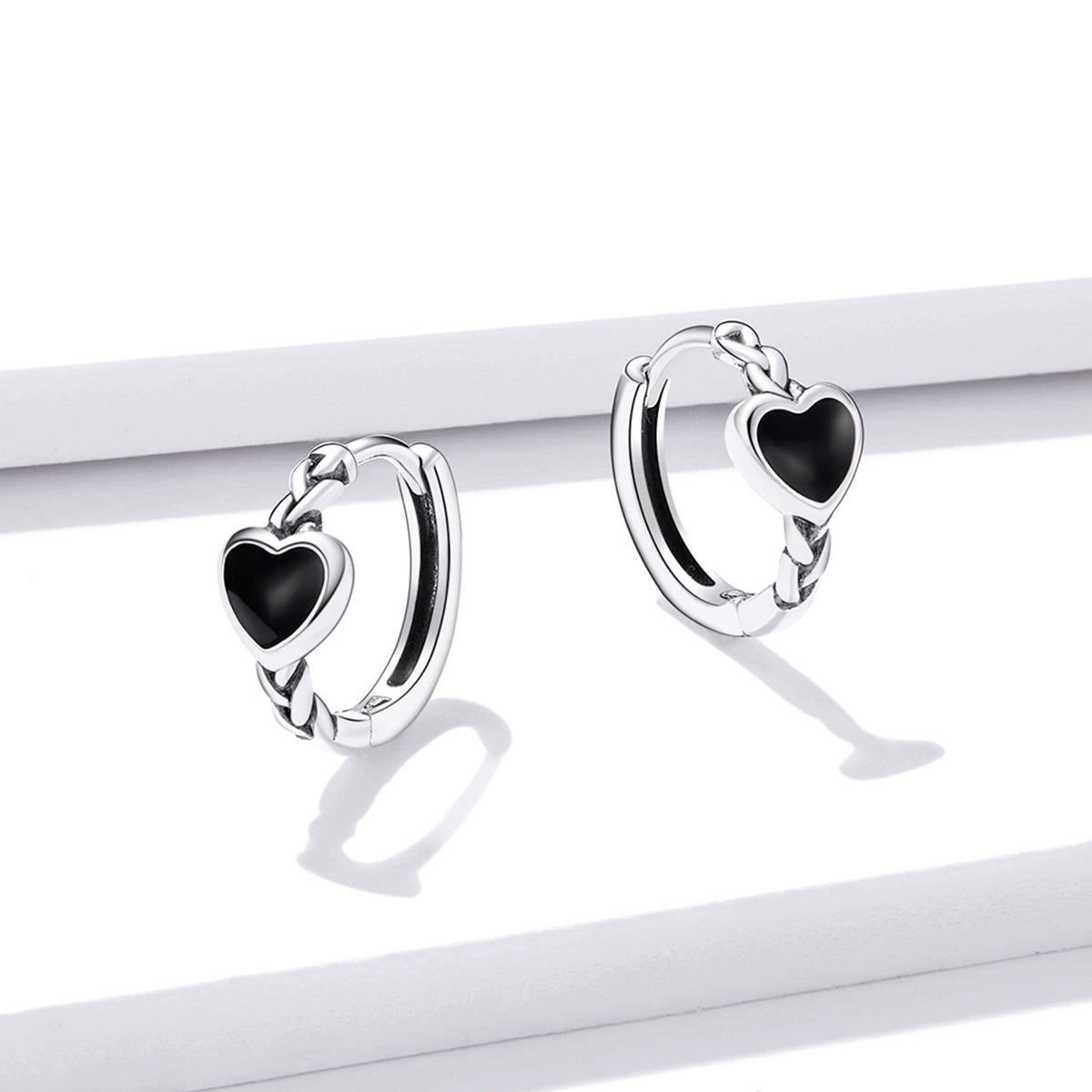 Sterling Silver Black Heart Huggie Hypoallergenic Earrings + Necklace