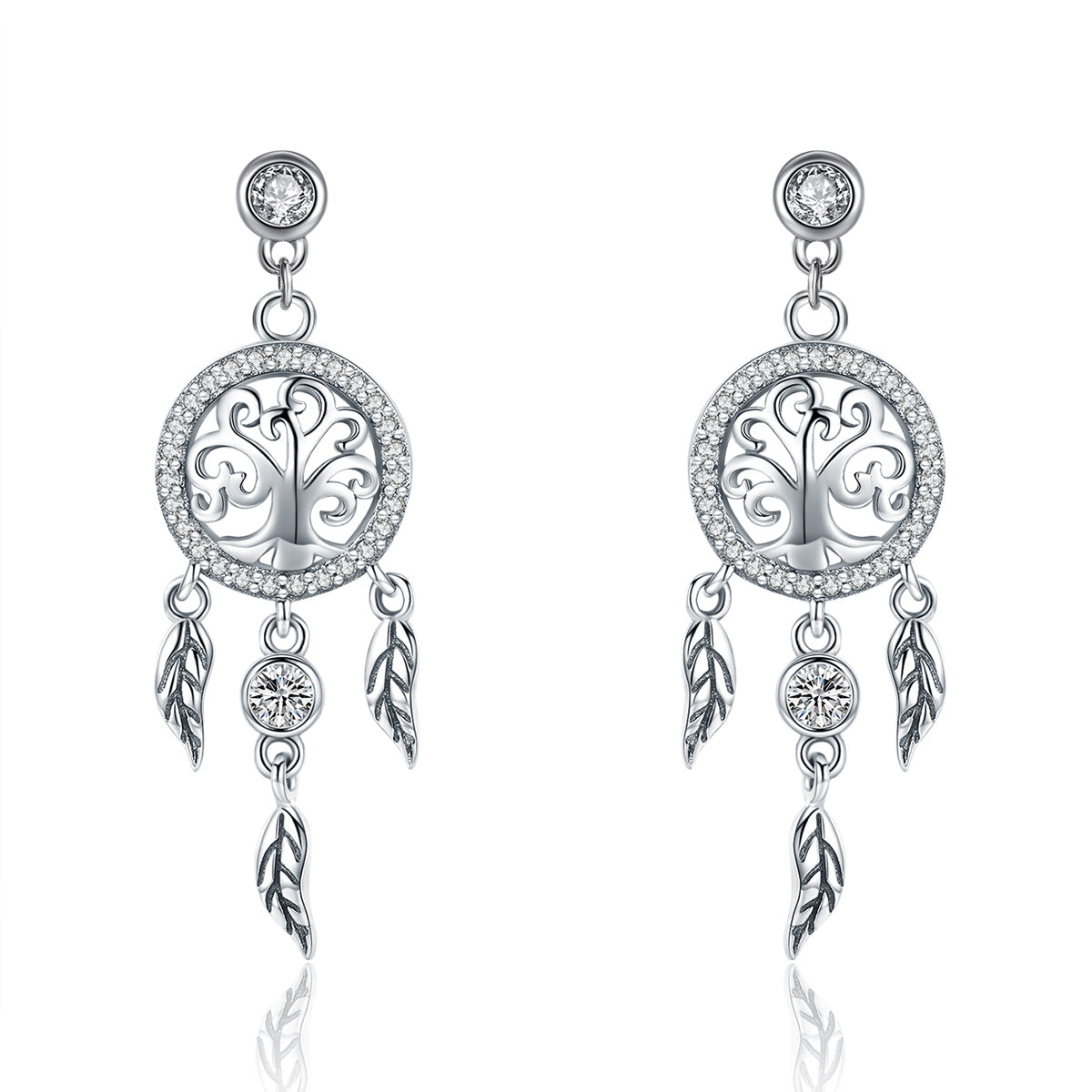 Sterling Silver Shiny Tree of Life Dream Catcher Stud Hypoallergenic Earrings + Necklace