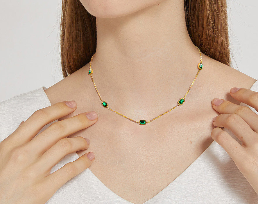 Stainless Steel Green Multi-Rectangular CZ Necklace