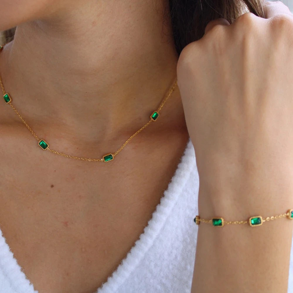 Stainless Steel Green Multi-Rectangular CZ Bracelet