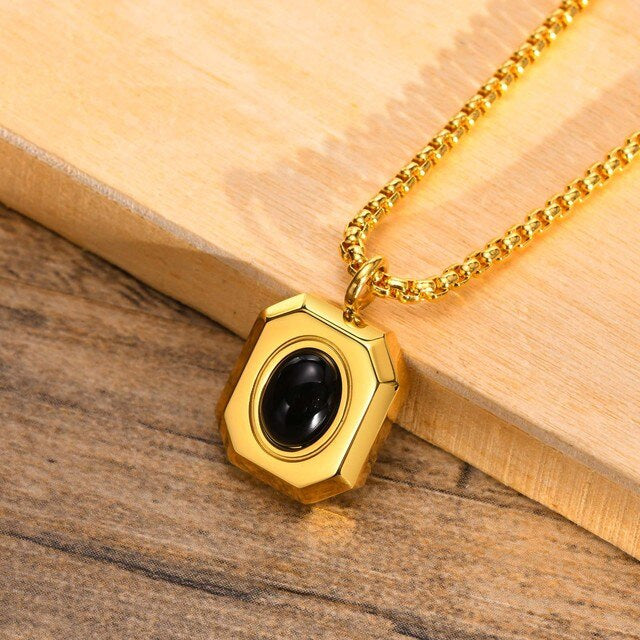 Stainless Steel Oval Black Onyx Necklace
