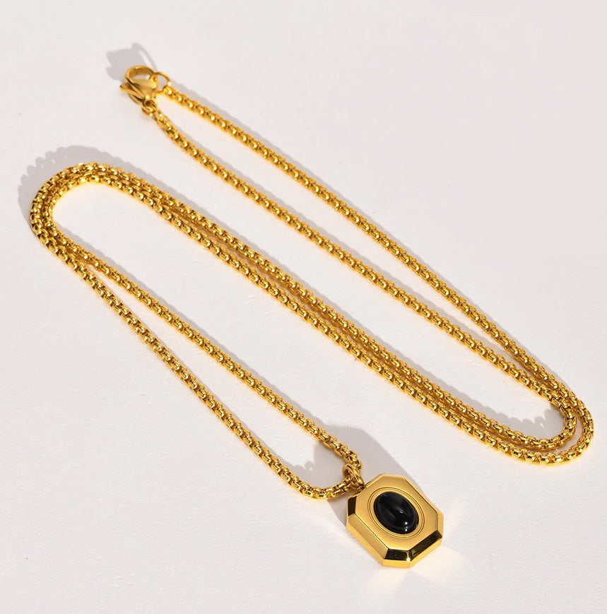 Stainless Steel Oval Black Onyx Necklace