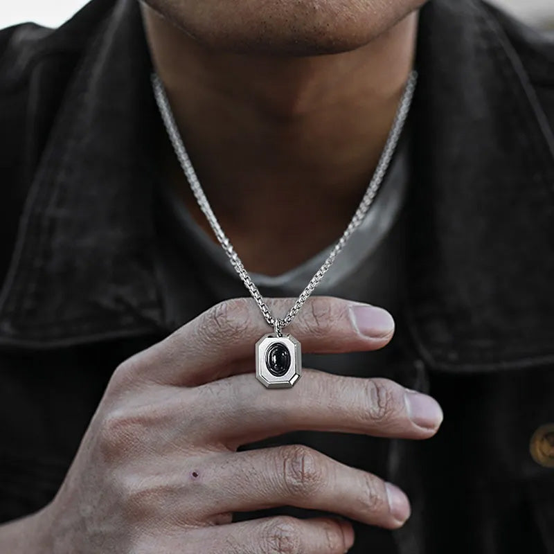 Stainless Steel Oval Black Onyx Necklace