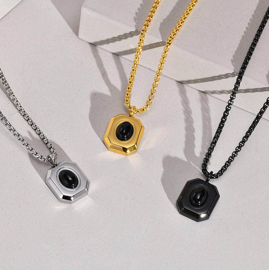 Stainless Steel Oval Black Onyx Necklace