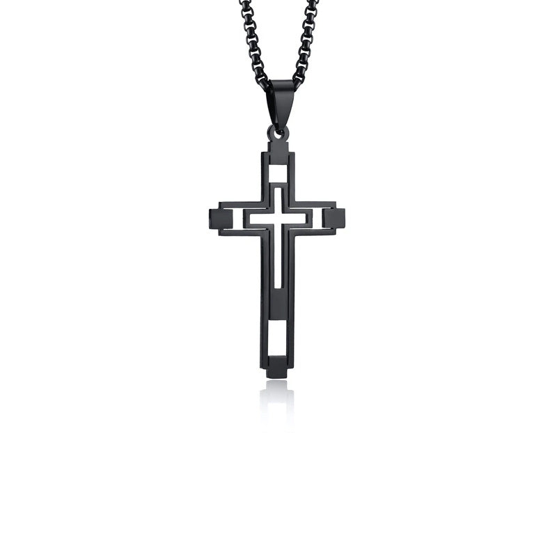 Stainless Steel Cut-Out Hollow Double Cross Necklace