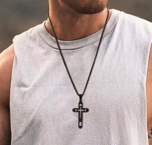 Stainless Steel Cut-Out Hollow Double Cross Necklace