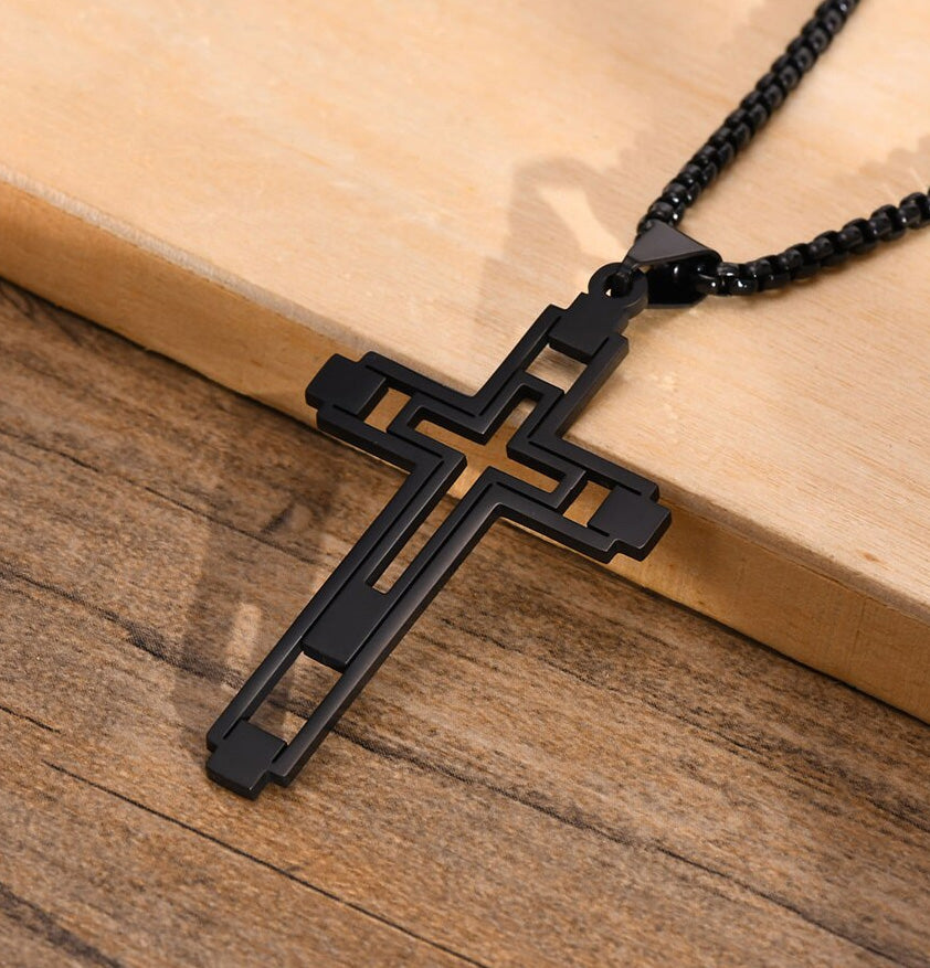 Stainless Steel Cut-Out Hollow Double Cross Necklace