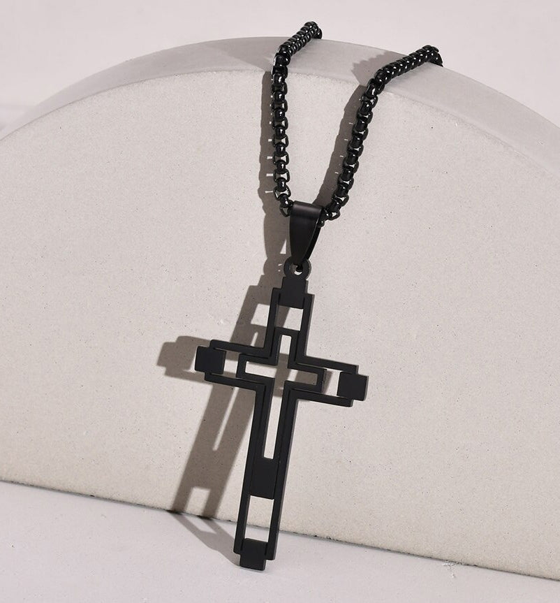 Stainless Steel Cut-Out Hollow Double Cross Necklace