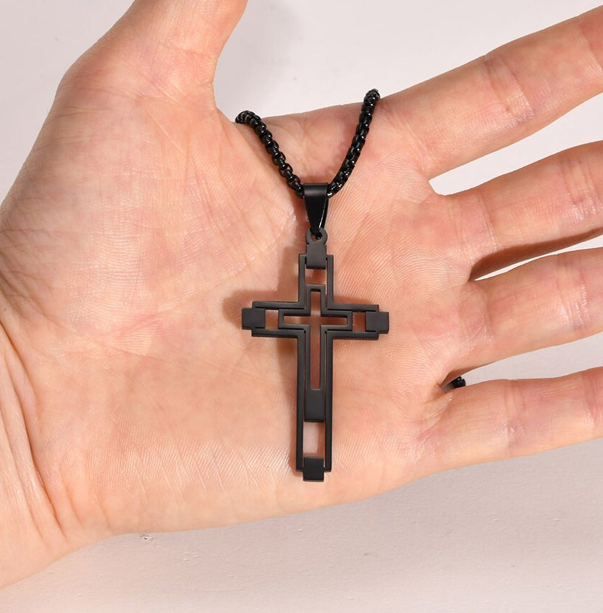 Stainless Steel Cut-Out Hollow Double Cross Necklace