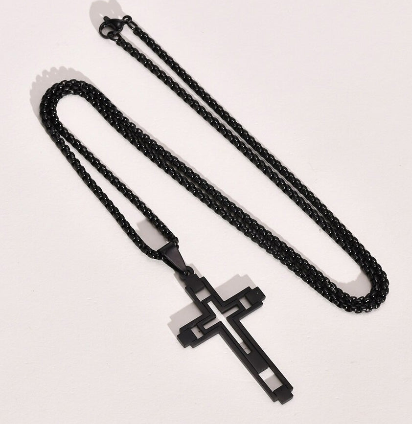 Stainless Steel Cut-Out Hollow Double Cross Necklace