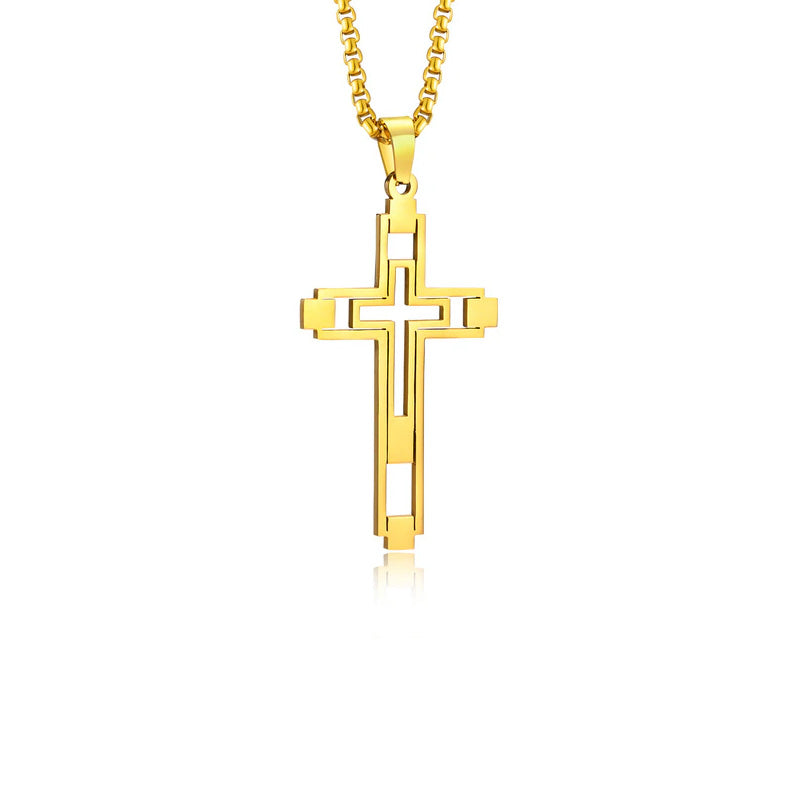 Stainless Steel Cut-Out Hollow Double Cross Necklace