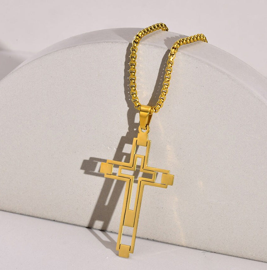 Stainless Steel Cut-Out Hollow Double Cross Necklace
