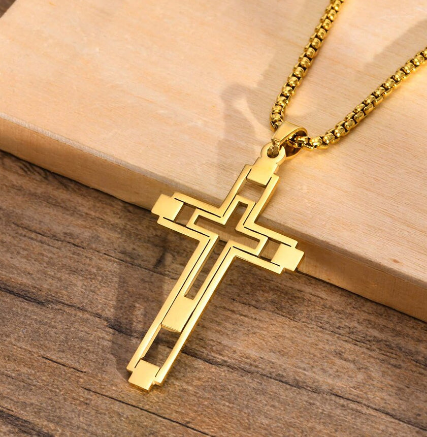 Stainless Steel Cut-Out Hollow Double Cross Necklace