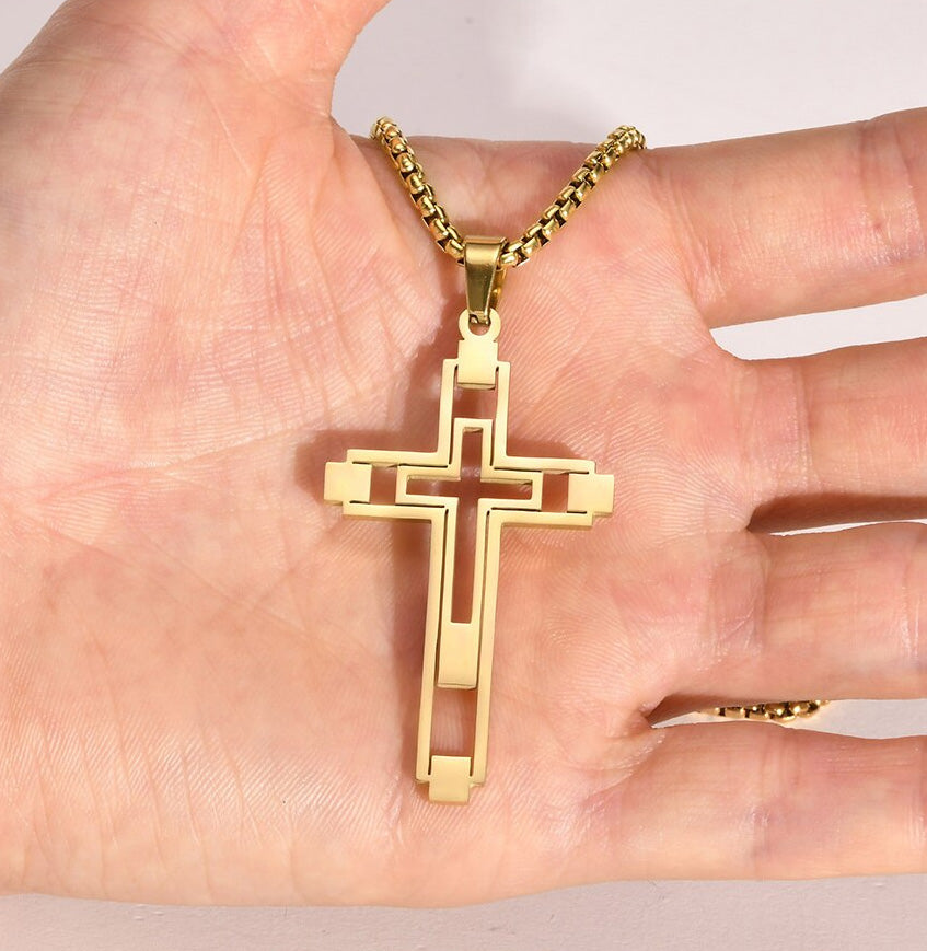 Stainless Steel Cut-Out Hollow Double Cross Necklace