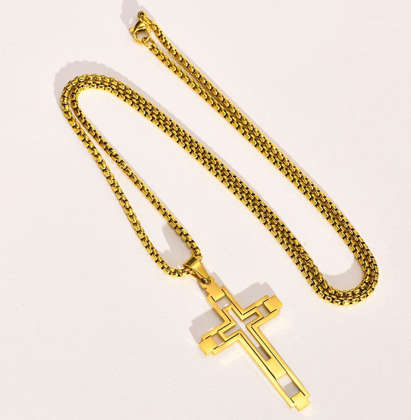 Stainless Steel Cut-Out Hollow Double Cross Necklace