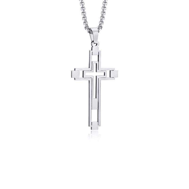 Stainless Steel Cut-Out Hollow Double Cross Necklace