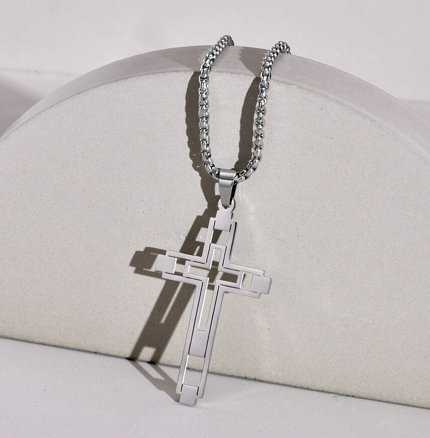 Stainless Steel Cut-Out Hollow Double Cross Necklace