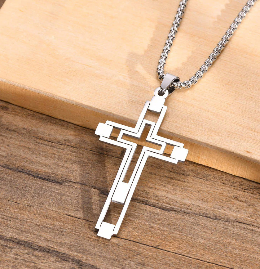 Stainless Steel Cut-Out Hollow Double Cross Necklace