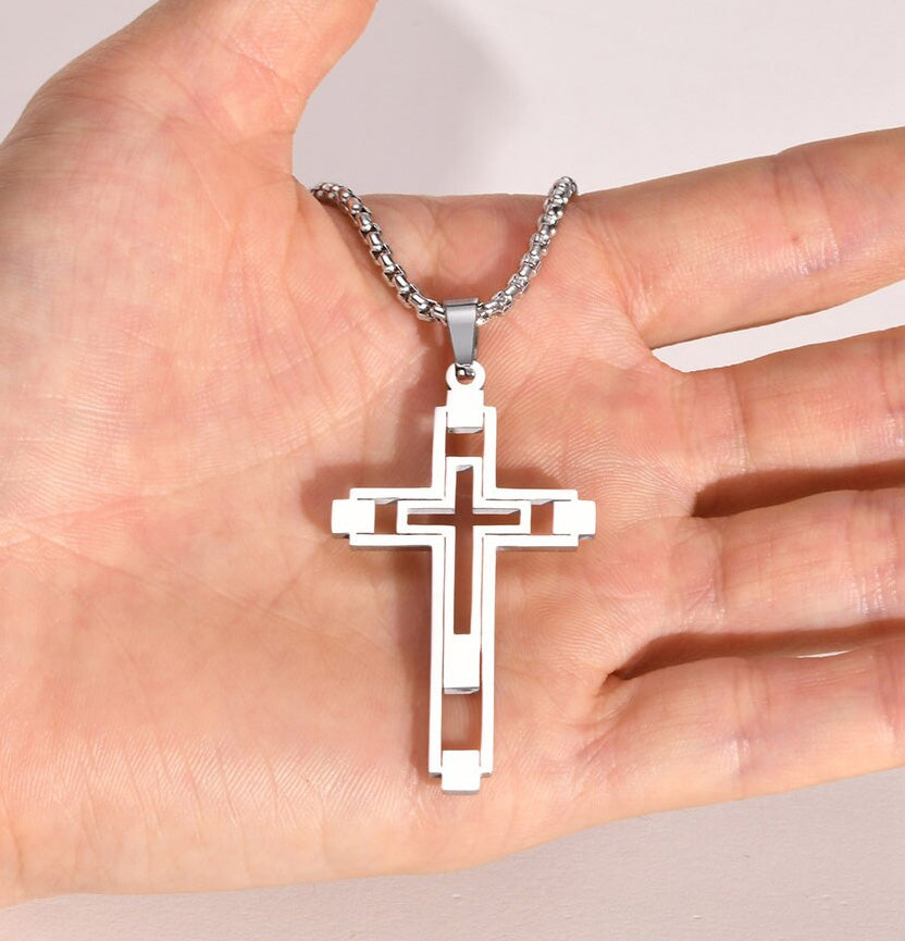 Stainless Steel Cut-Out Hollow Double Cross Necklace