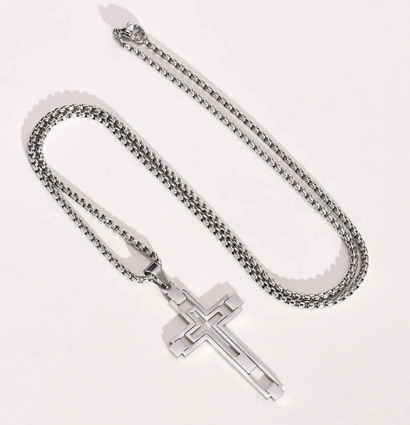 Stainless Steel Cut-Out Hollow Double Cross Necklace