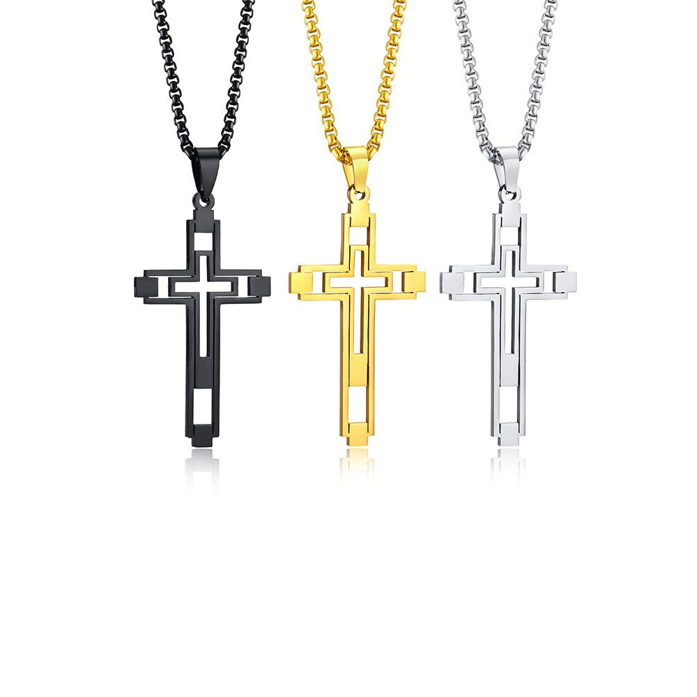 Stainless Steel Cut-Out Hollow Double Cross Necklace