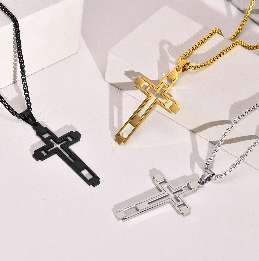 Stainless Steel Cut-Out Hollow Double Cross Necklace