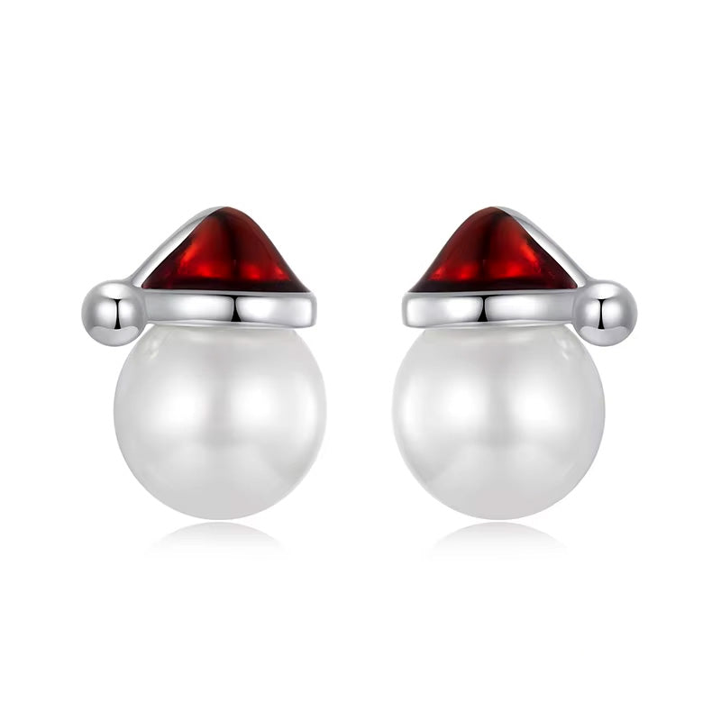 Sterling Silver Christmas Hat Pearl Hypoallergenic Stud Earrings