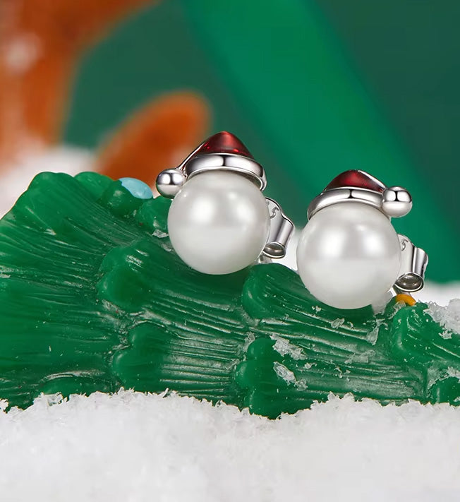 Sterling Silver Christmas Hat Pearl Hypoallergenic Stud Earrings