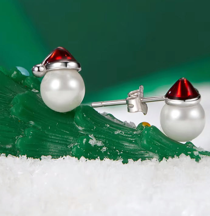 Sterling Silver Christmas Hat Pearl Hypoallergenic Stud Earrings