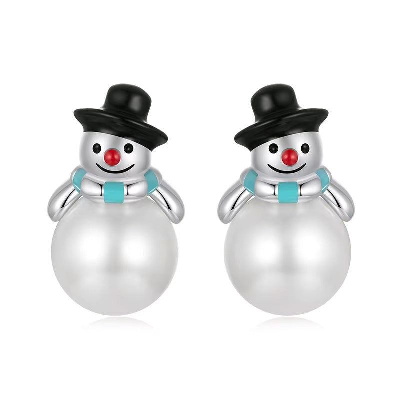 Sterling Silver Snowman Pearl Hypoallergenic Stud Earrings
