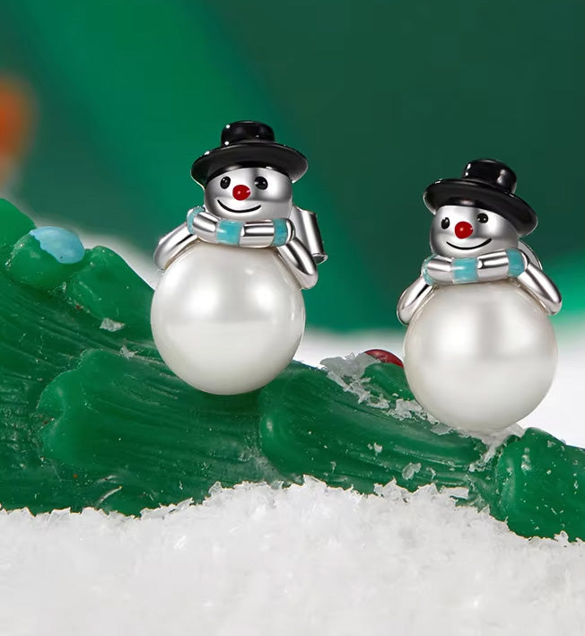 Sterling Silver Snowman Pearl Hypoallergenic Stud Earrings