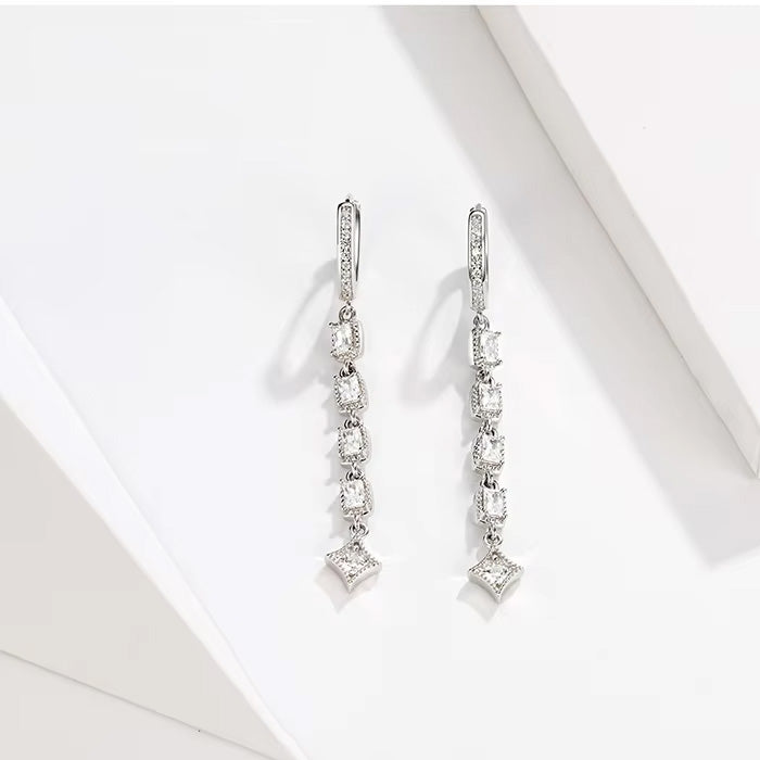 Sterling Silver Classic Cubic Zirconia Long Dangle Hypoallergenic Huggie Earrings