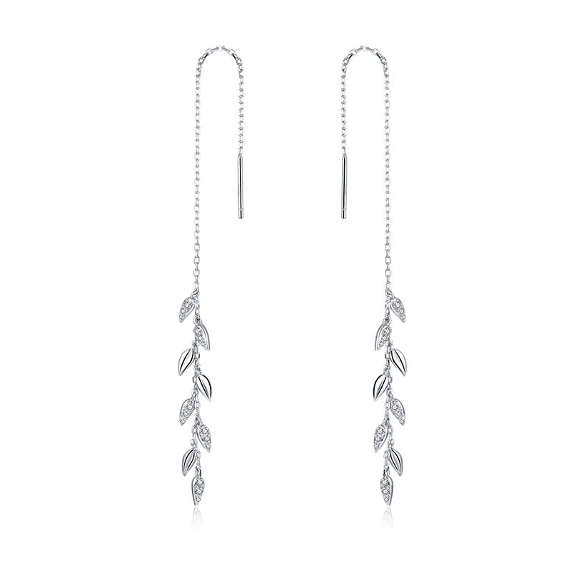 Sterling Silver Shiny Leaves Long Drop Hypoallergenic Threader Earrings