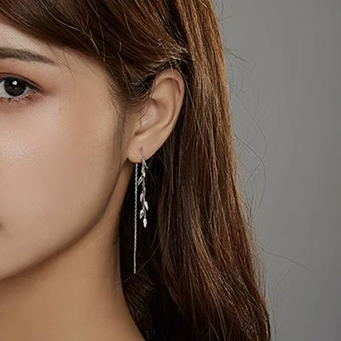 Sterling Silver Shiny Leaves Long Drop Hypoallergenic Threader Earrings