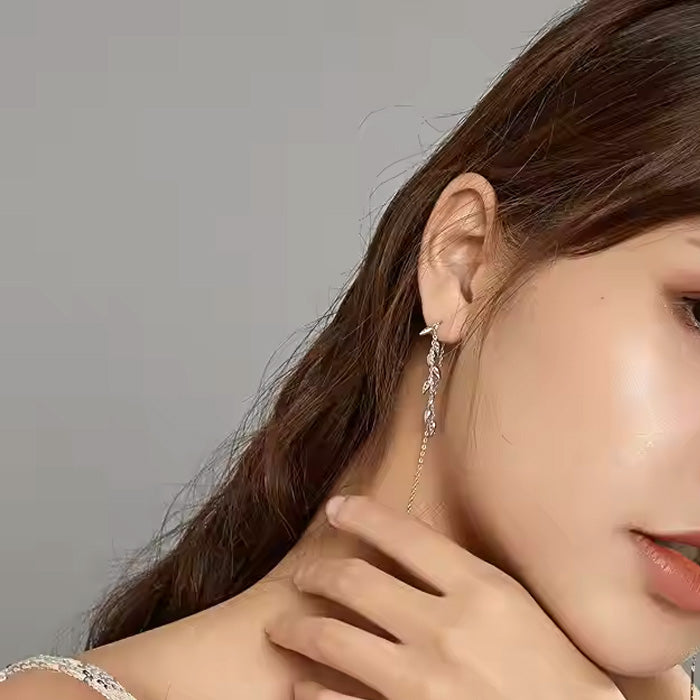 Sterling Silver Shiny Leaves Long Drop Hypoallergenic Threader Earrings