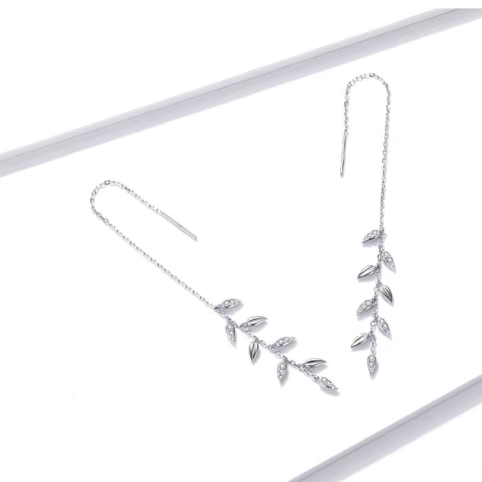 Sterling Silver Shiny Leaves Long Drop Hypoallergenic Threader Earrings