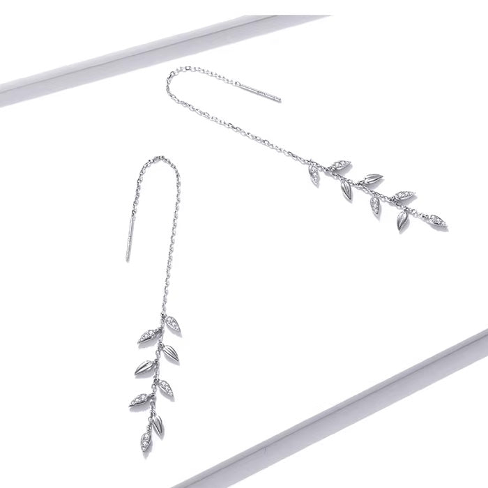 Sterling Silver Shiny Leaves Long Drop Hypoallergenic Threader Earrings