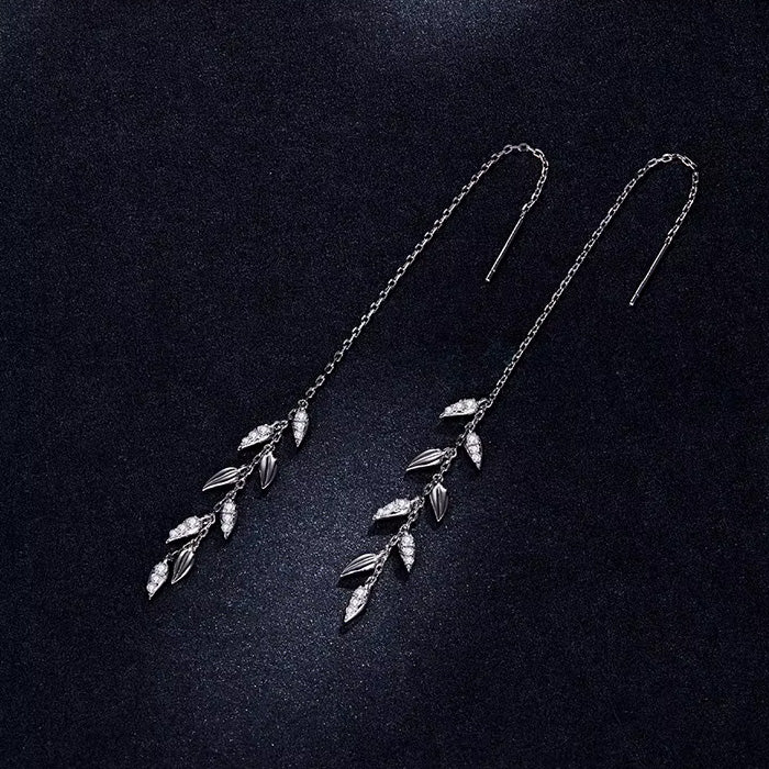 Sterling Silver Shiny Leaves Long Drop Hypoallergenic Threader Earrings