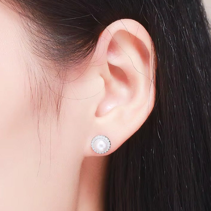 Sterling Silver Shiny Pearl Stud Hypoallergenic Earrings