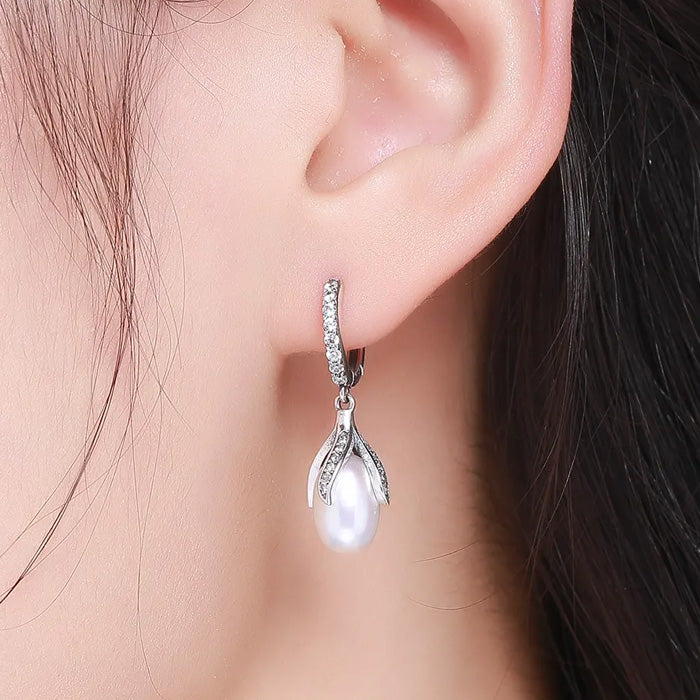 Sterling Silver Brilliant Pearl Flower Drop Huggie Hypoallergenic Earrings