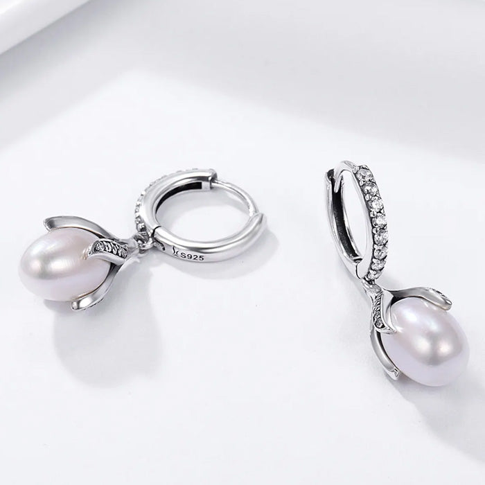 Sterling Silver Brilliant Pearl Flower Drop Huggie Hypoallergenic Earrings
