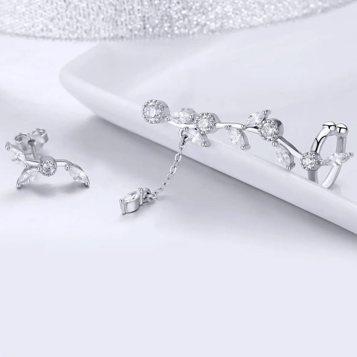 Sterling Silver Sacred Branch of Leaves Cuff Stud Hypoallergenic Earrings